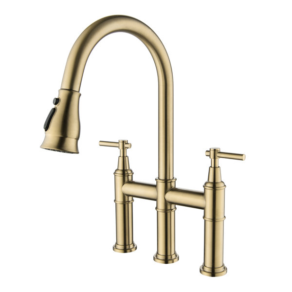 Selected Vertical Brushed Gold Double Handle PullOut Kitchen Faucet